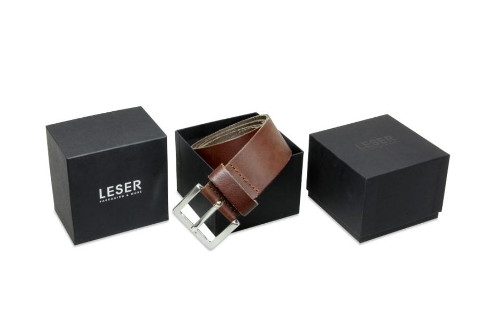 Black belt packaging with a high lid and foam inlay