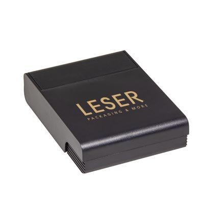 High-quality plastic case in black - lid can be embossed in one colour on the outside