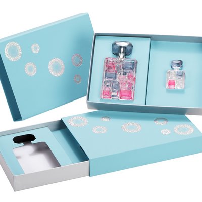 blaue Kartonschachtel als Verpackung für Parfüm
