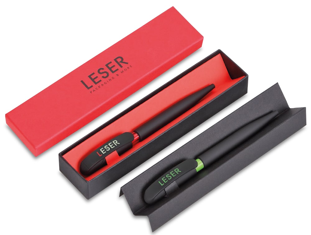In addition to classic colours, we also produce your individual writing instrument packaging in many bright colours - here in the picture for example red and green!
