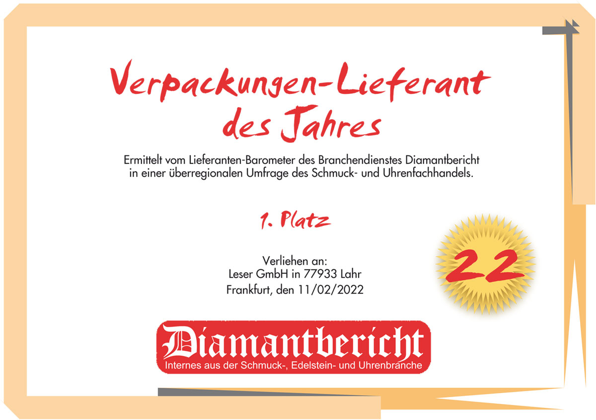 Certificat de vainqueur Fournisseur d'emballages de l'année selon l'enquête de Diamantbericht