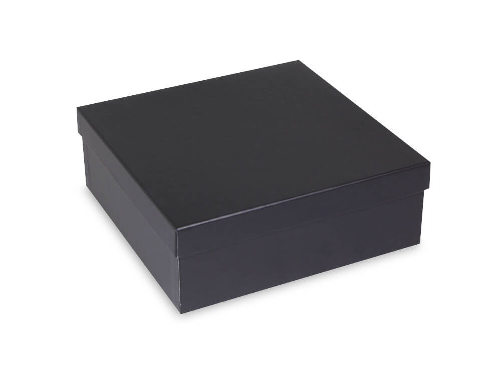 schwarze, quadratische Geschenkbox in den Maßen: 180x180x65 mm (BxTxH) - bereits ab 60 Stück