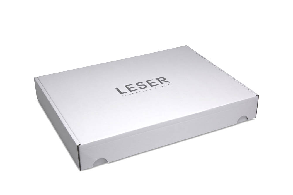 Mailer box with silver foil embossing in LESER lettering