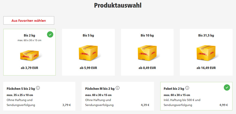 Schmuck privat verschicken mittels versichertem Paket - Screenshot von dhl.de